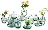 Kleine vazen voor tafeldecoratie vintage handgemaakt, 4 sets (12 stuks) groene mini-vaas glas bloemenvaas moderne set verschillende maten slanke hydrocultuur glazen vaas voor bloemen decoratie bruiloft tafel woonkamer