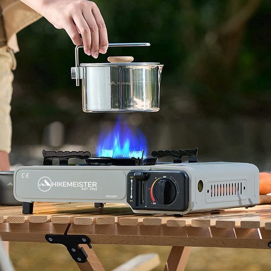 Hikemeister® camping kooktoestel 1 pit 2500 KW draagbaar - Grijs – Inclusief 4 gasbussen - met Nederlandse beschrijving en CE – Butaangas Gasstel Gasfornuis Gaspit - Campingkooktoestel Gas Kookplaat - Met Koffer