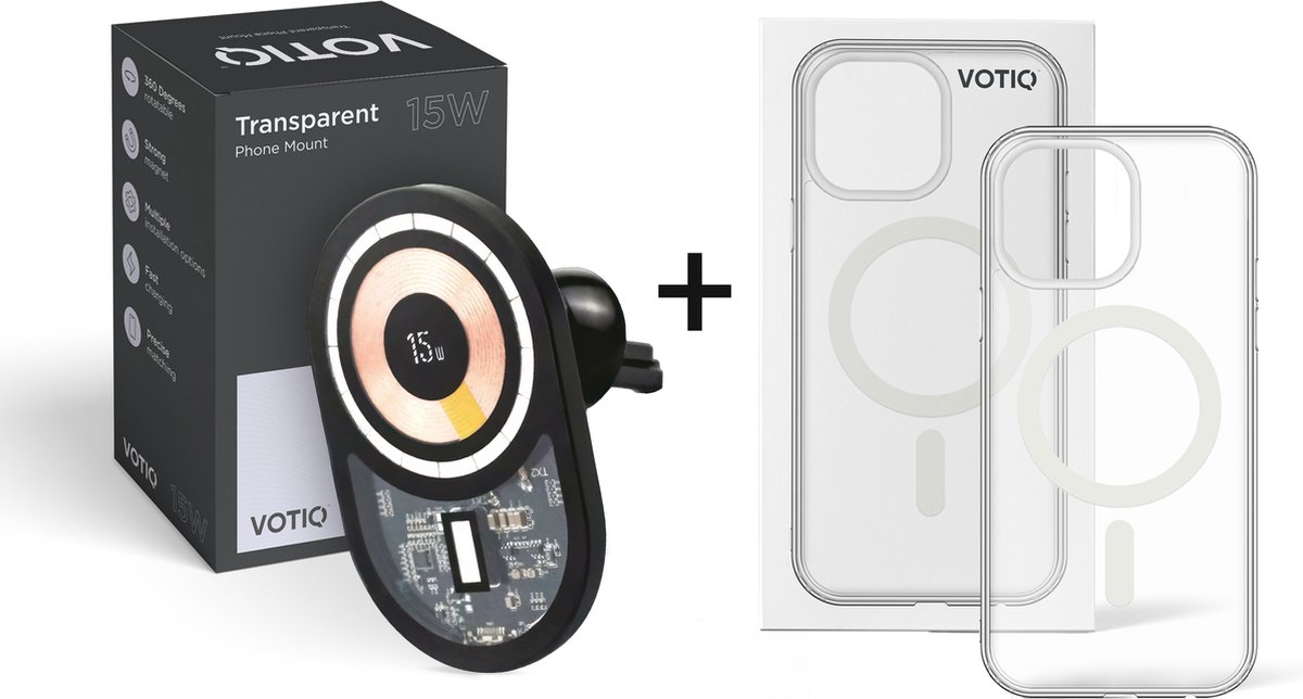 VOTIQ® Autohouder oplader ventilatierooster doorzichtig voor MagSafe + Telefoonhoesje iPhone 12 MINI