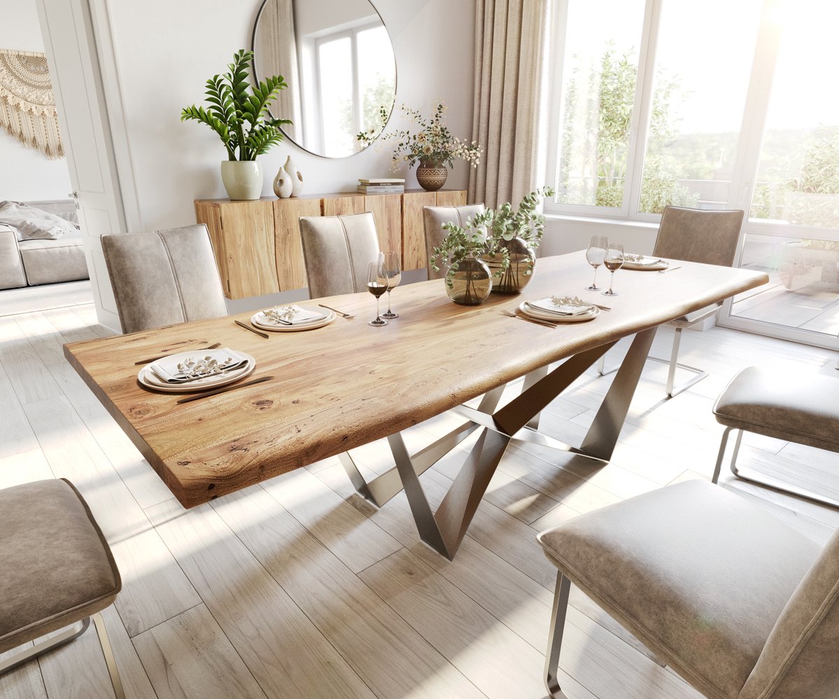 DELIFE Eettafel Edge acacia natuur 260x100 Spider vlak staal edelstaal Live-Edge eettafel Bruin