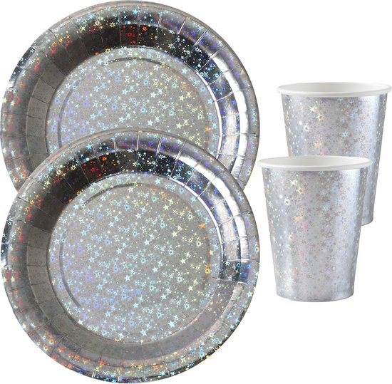 Feest wegwerp servies set - glitter - 10x bordjes / 10x bekers - zilver