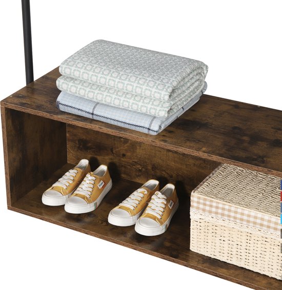 Happyment Kledingrek Kola - Met opbergruimte - Vintage 2 in 1 - Garderobekast organizer schoenenrek - Garderoberek - Opbergruimte - Kledingkast hout - Bruin