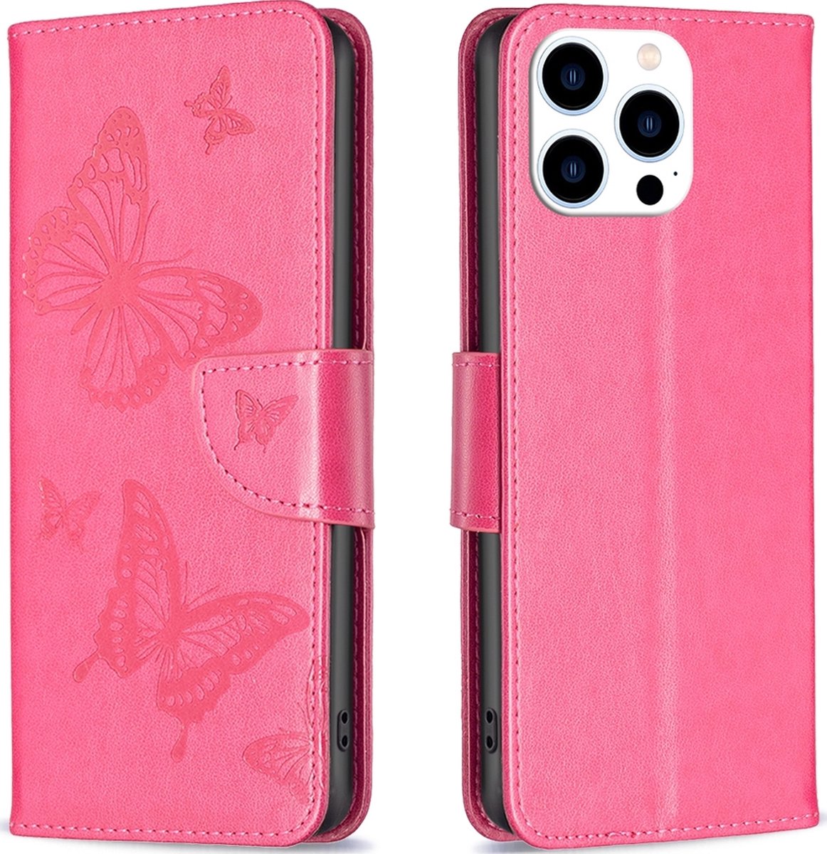 Mobigear Telefoonhoesje geschikt voor Apple iPhone 15 Pro Hoesje | Mobigear Butterfly Bookcase Portemonnee | Pasjeshouder voor 3 Pasjes | Telefoonhoesje voor Pinpas / OV Kaart / Rijbewijs - Magenta
