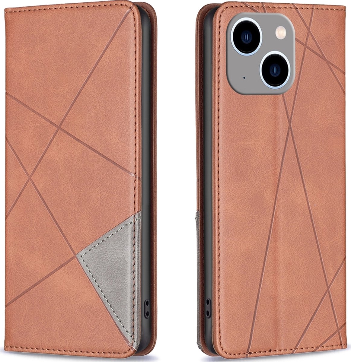 Mobigear Telefoonhoesje geschikt voor Apple iPhone 15 Plus Hoesje | Mobigear Rhombus Slim Bookcase | Pasjeshouder voor 2 Pasjes | Telefoonhoesje voor Pinpas / OV Kaart / Rijbewijs - Bruin