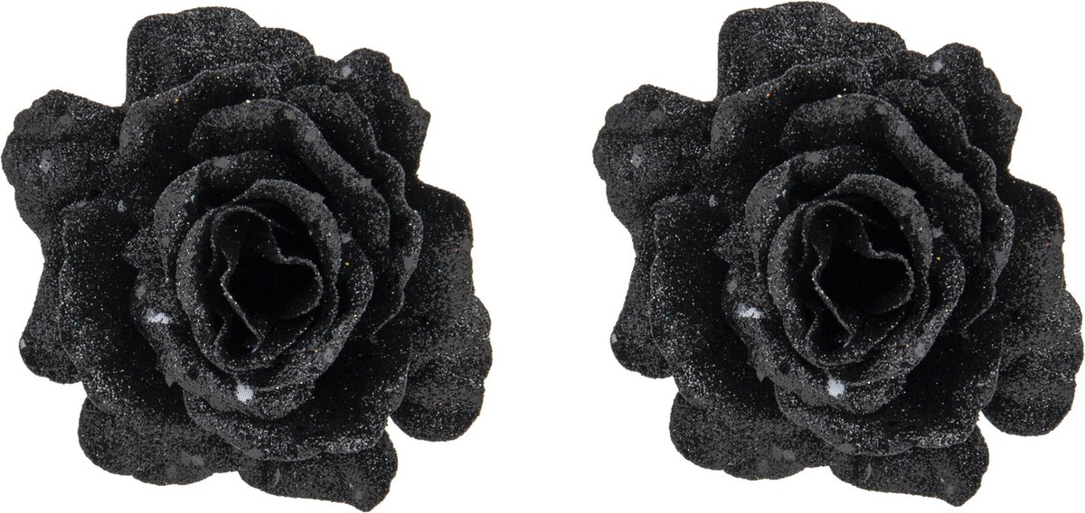 Cosy & Trendy Roos op Clip - 2x stuks - zwart glitter - 10 cm - decoratiebloem - kerstversiering