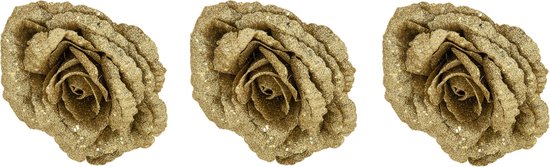 6x stuks decoratie bloemen roos goud glitter op clip 18 cm - Decoratiebloemen/kerstboomversiering/kerstversiering
