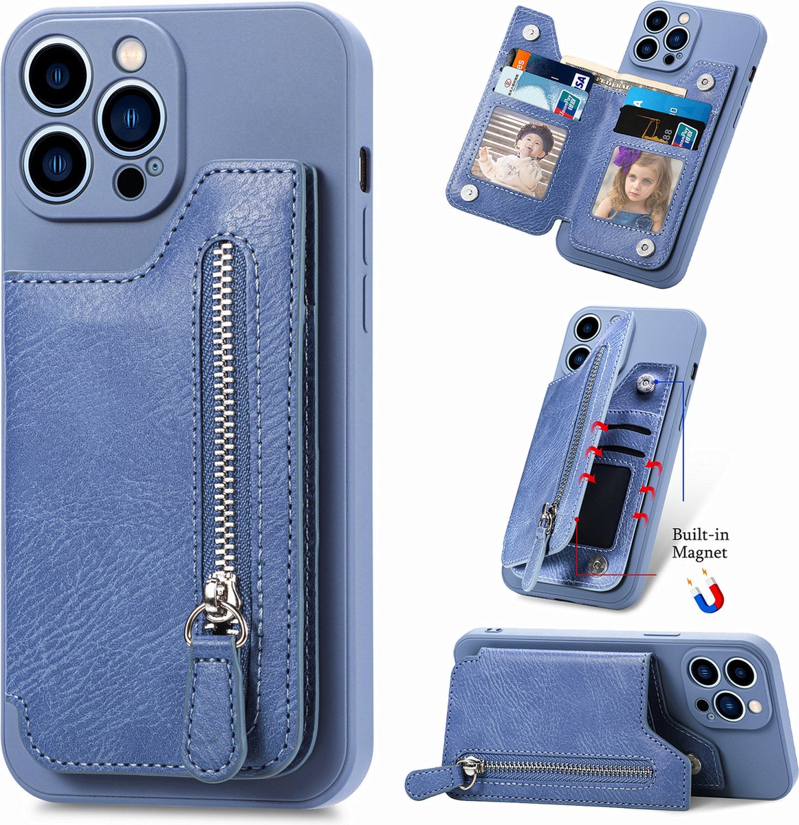 Luxe Hybride Rits Card&Cash Wallet Case + PMMA Screenprotector voor iPhone 14 Pro _ Blauw