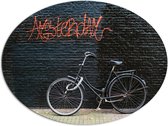 Dibond Ovaal - Fiets geparkeerd tegen Muur met Tekst ''Amsterdam'' - 96x72 cm Foto op Ovaal (Met Ophangsysteem)