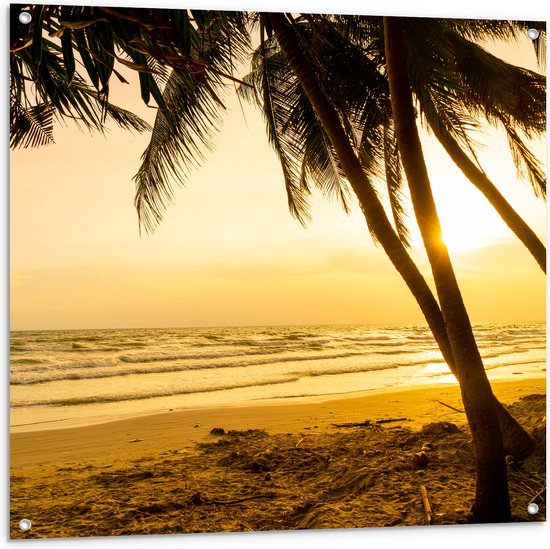 Tuinposter – Kokosnoot Palmbomen op het Strand bij Fekleurige Zonsopgang - 100x100 cm Foto op Tuinposter (wanddecoratie voor buiten en binnen)