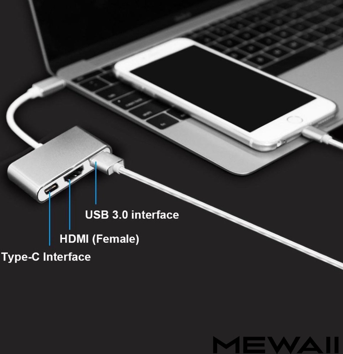 USB C HUB 3 in 1 - met / naar HDMI 4K, 1x USB 3.0 (thunderbolt), 1x USB C opladen – USB - Geschikt voor Apple Macbook Pro / Air Lenovo, Samsung – Zilver