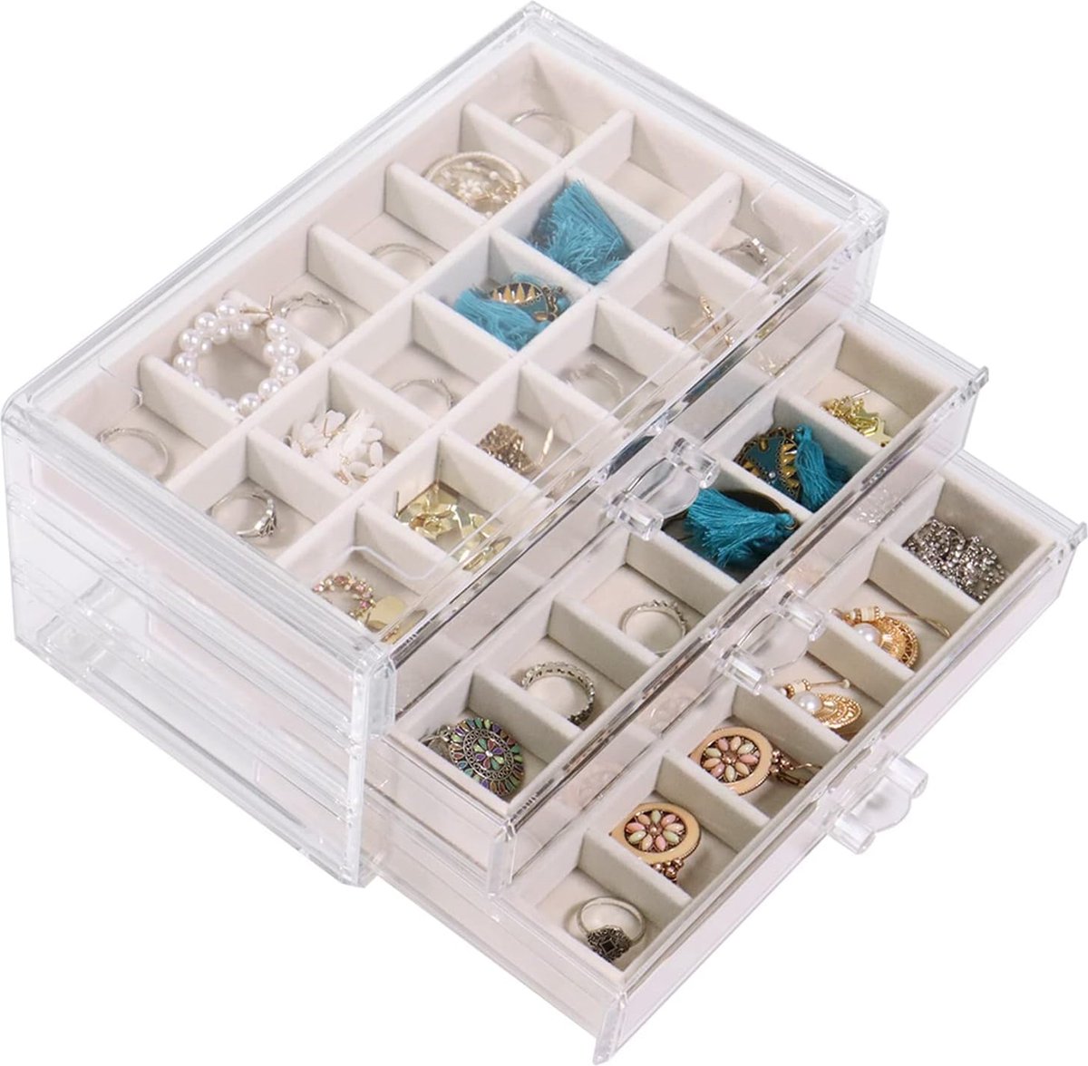Goedkoopste Acryl juwelendoosje sieradenkistje met 3 laden, oorbel opbergen, juwelenkistje, oorringen, sieraden, organizers, beige
