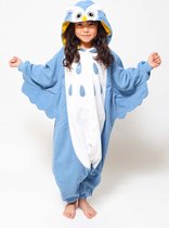 KIMU Onesie Blauwe Uil Pak - Maat 128-134 - Uilenpak Kostuum Blauw - Vogelpak Kinder Pyjama Jumpsuit Huispak Jongen Meisje Fleece Overall Festival