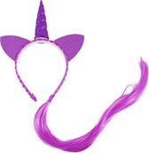 Eenhoorn haarband paars haar - unicorn diadeem met oortjes - paarse hoorn nephaar glitter vlecht extensions