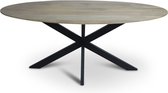 Floor tafel van 200 x 100 cm met ovale Mango houten blad met facetrand aan onderzijde. Bladkleur naturel gezandstraald afgewerkt. Onderstel is een spinpoot in de kleur zwart.