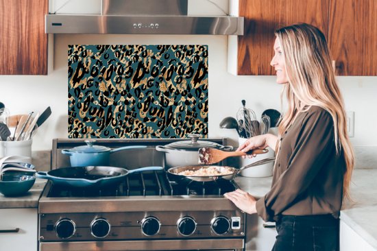 Spatscherm keuken 60x40 cm - Kookplaat achterwand Dierenprint - Panterprint - Turquoise - Muurbeschermer - Spatwand fornuis - Hoogwaardig aluminium