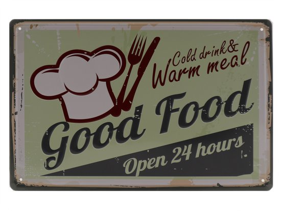 Wandbord – Good food - Lekker eten – Vintage - Retro - Wanddecoratie – Reclame bord – Restaurant – Kroeg - Bar – Cafe - Horeca – Metal Sign - 20x30cm