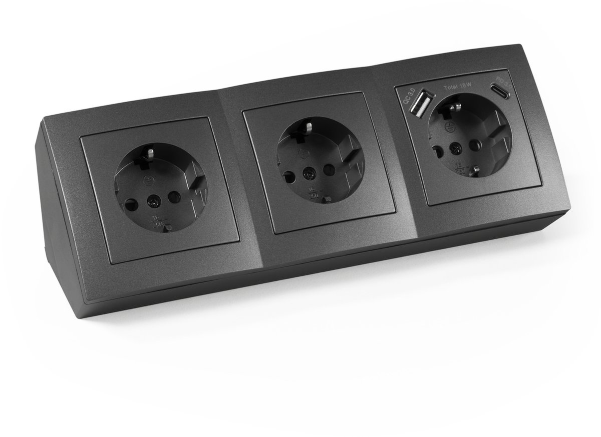 McPower Flair Stekkerdoos - Stekkerblok met 3 stopcontacten en USB A & C - Verdeelstekker met 15 cm kabel - Antraciet