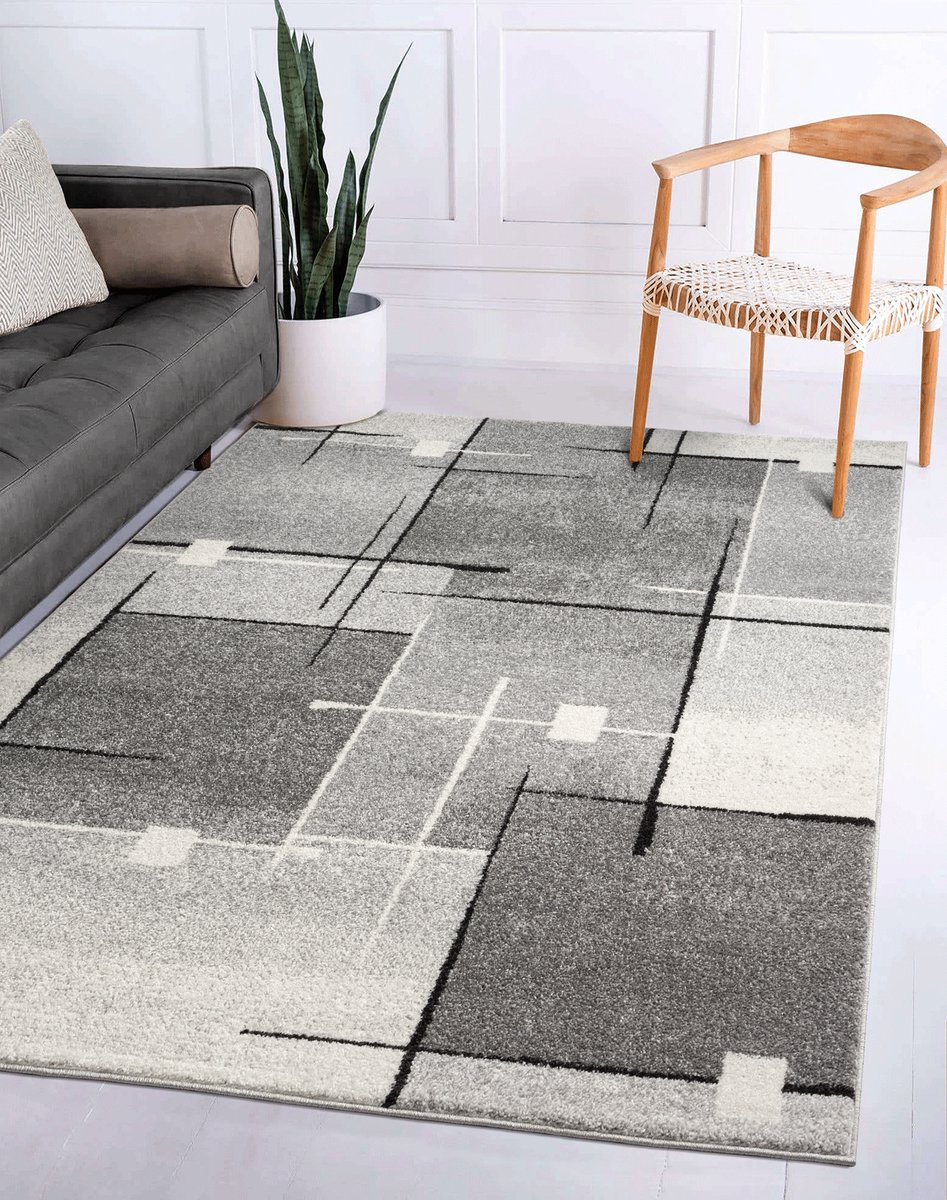 Flycarpets Belos Vloerkleed Geblokt - Grijs - Laagpolig Tapijt / Karpet - 160x220 cm