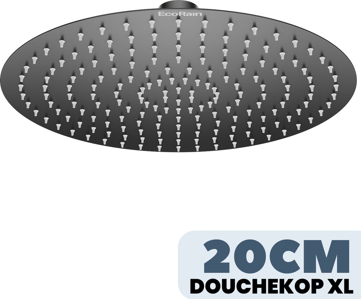 EcoRain© 30% Waterbesparende Regendouchekop Tyler 20 CM Rond - Hoge Druk - Universele Aansluiting - Anti-kalk Douchekop - 2 jaar garantie - Zwart