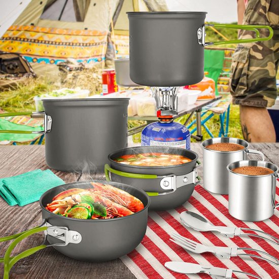Campingservies, 16 stuks, voor 2 personen, outdoor kookgerei van aluminium en roestvrij staal, opvouwbaar, mini-campingkooktoestel voor outdoor, servies, picknick en wandelen van Camp — afbeelding 2