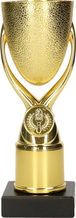 Luxe trofee/prijs beker op sierlijke poot - goud - kunststof - 18,5 x 6,8 cm