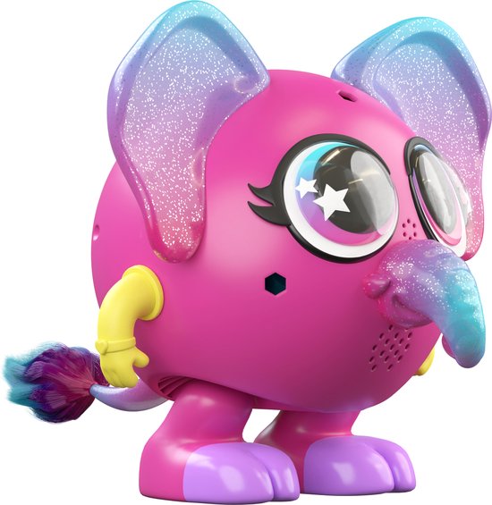 Roze speelgoedfiguur, eenhoorn met grote ogen, gouden hoorn en glinsterende vleugels.