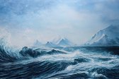 Fotobehang Abyss, Ocean Waves, Seascape Hand Drawn Oil . Blue Sea Tides And Ice Blocks, Frozen Pond, Winter Marine Scenery Background. Storm, Swash, Strong Current Acrylic Painting - Vliesbehang - 300 x 210 cm