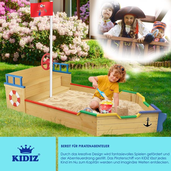 Kidiz® Ahoi Zandbak, piratenschip, boot, zeilschip, van hout, incl. afdekking, grondzeil, zitbank, vlaggenmast, antraciet