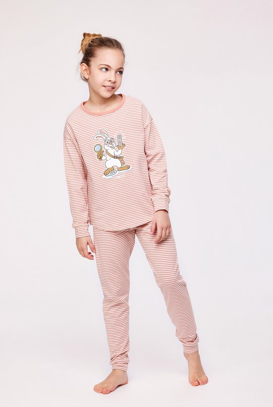 Woody pyjama meisjes/dames - roze-gebroken wit- gestreept - haas - 232-10-PZG-Z/919 - maat 128