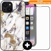 Hoesje geschikt voor iPhone 14 - Plus Screenprotector - telefoonhoesje marmer design- Siliconen Randen - Hard Back Cover - met extra Lens Bescherming - Marble Wit