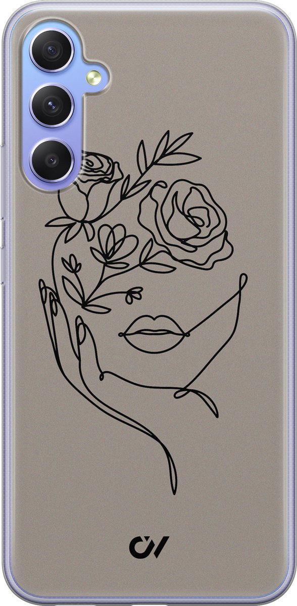 Hoesje geschikt voor Samsung Galaxy A34 hoesje - Oneline Face Flower - - Grijs - - Casevibes