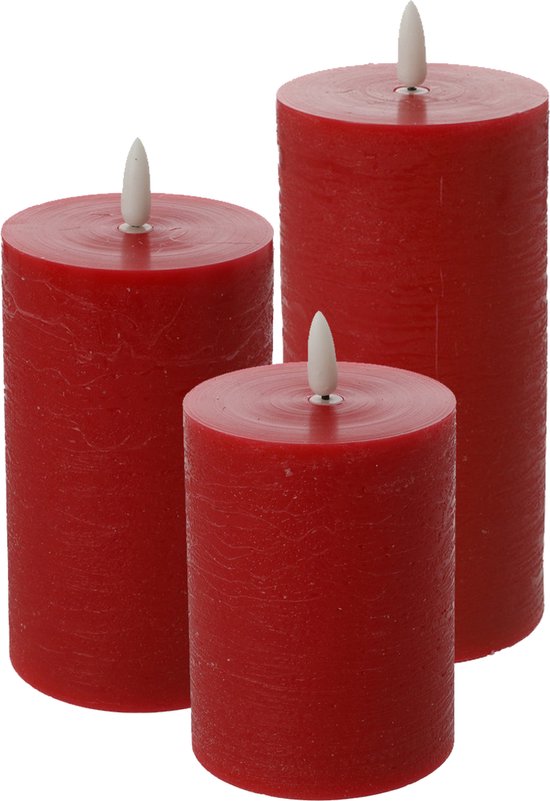 Bougies LED /bougies pilier - set 3x - rouge - H10 à H15 cm - lumière vacillante - minuterie