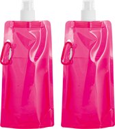 Waterfles/drinkfles/sportbidon opvouwbaar - 2x - roze - kunststof - 460 ml - schroefdop - waterzak