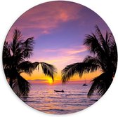 Dibond Muurcirkel - Silhouet van Palmbomen Hangend boven het Strand op Zomerse Avond - 60x60 cm Foto op Aluminium Muurcirkel (met ophangsysteem)