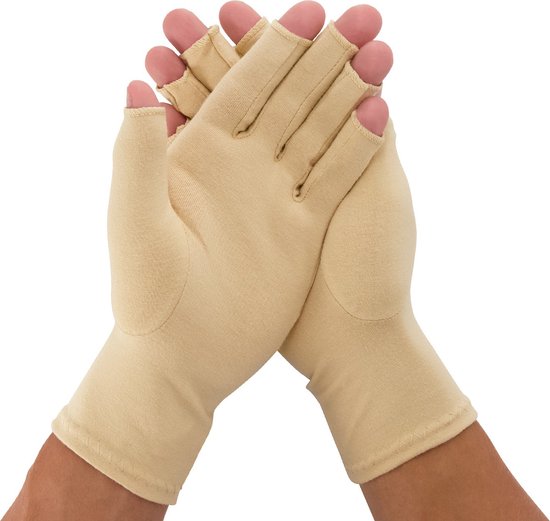 Medidu Artrose Handschoenen - Reuma Compressie Handschoenen - Open Vingertoppen - Unisex - Beige - L