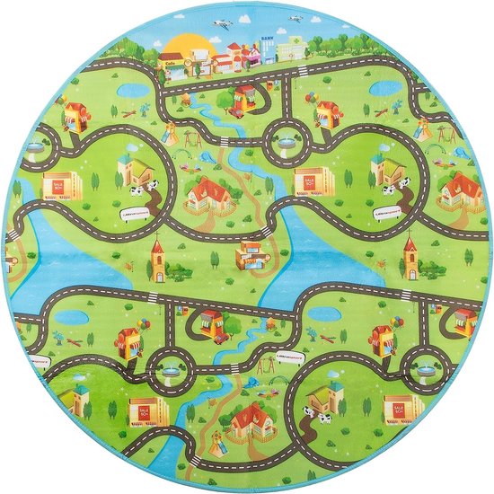 Tapis de jeu rond avec routes, maisons, rivières, arbres et une petite ville.