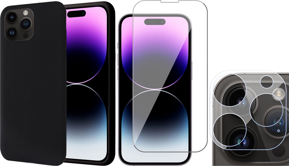 Hoesje geschikt voor iPhone 14 Pro Max - Screenprotector GlassGuard & Camera Lens Screen Protector - Back Cover Case SoftTouch Zwart