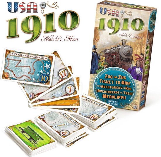 De USA 1910 uitbreiding van Ticket to Ride met speelkaarten en doos.