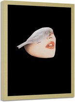 Foto in frame , Half vrouwen gezicht met vogel ,70x100cm , wit beige , wanddecoratie