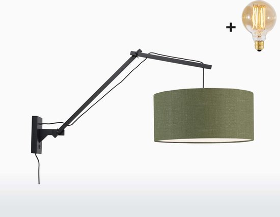 Wandlamp met Lange Arm - ANDES - Zwart Bamboe - Groen Linnen - Met LED-lamp