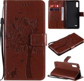 Voor LG K22 / K22 Plus Boom & Kat Patroon Geperst Afdrukken Horizontale Flip PU Lederen Case met Houder & Kaartsleuven & Portemonnee & Lanyard (Koffie)