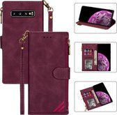 Voor Samsung Galaxy S10 Plus Rits Multi-kaartsleuven Horizontale Flip PU lederen tas met houder & kaartsleuven & portemonnee & lanyard & fotolijst (wijnrood)