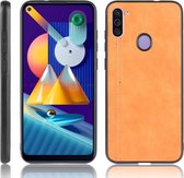 Voor Galaxy M11 schokbestendig naaien koe patroon huid PC + PU + TPU Case (oranje)