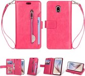 Voor Samsung Galaxy J3 (2018) / Galaxy J7 (2018) Multifunctionele Rits Horizontale Flip Leren Case met Houder & Portemonnee & 9 Kaartsleuven & Lanyard (Rose Rood)