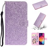 Voor Samsung Galaxy A41 Glitterpoeder Horizontaal Flip Leren Case met Kaartsleuven & Houder & Fotolijst & Portemonnee (Paars)