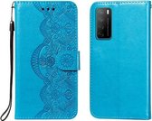 Voor Huawei Honor Play4 Flower Vine Embossing Pattern Horizontale Flip Leather Case met Card Slot & Holder & Wallet & Lanyard (Blue)