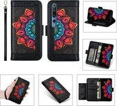 Voor Xiaomi Mi 10 Pro Afdrukken Tweekleurig Half Mandala-patroon Dubbelzijdige magnetische gesp Horizontale flip lederen tas met houder & kaartsleuven & portemonnee & fotolijst & lanyard (zwa