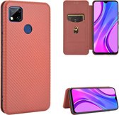 Voor Geschikt voor Xiaomi Redmi 9C Carbon Fiber Texture Magnetische Horizontale Flip TPU + PC + PU Leather Case met Card Slot (Brown)