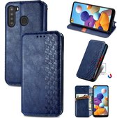 Voor Samsung Galaxy A21 (Amerikaanse versie) Cubic Grid Pressed horizontale flip magnetische lederen tas met houder & kaartsleuven & portemonnee (blauw)