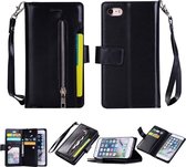 Voor iPhone SE 2020/8/7 Multifunctionele Rits Horizontale Flip Leren Case met Houder & Portemonnee & 9 Kaartsleuven & Lanyard (Zwart)